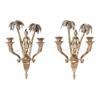 Antique French Orientalist Figural Wall Sconce Pair With Palm Trees For Sale