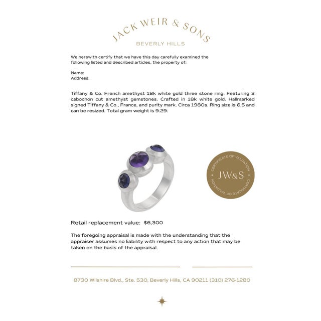 Metal 1980s Tiffany & Co. French Amethyst 18k White Gold Three Stone Ring, Size 6.5 For Sale - Image 7 of 7
