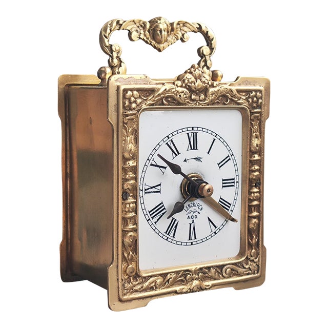 1908 Antique Lenzkirch Brass Carriage Clock Mantel Shelf Desk Clock For Sale
