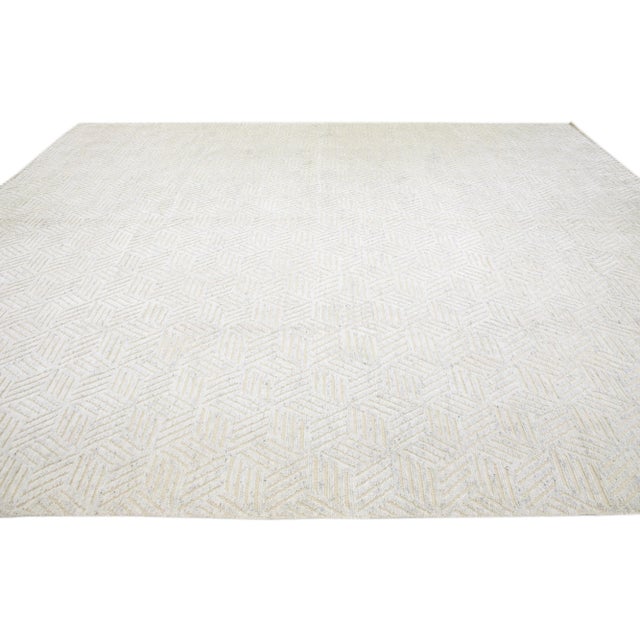 2020s Ivory Modern Moroccan Style Handmade Geometric Abstract Oversize Wool Rug For Sale - Image 5 of 12