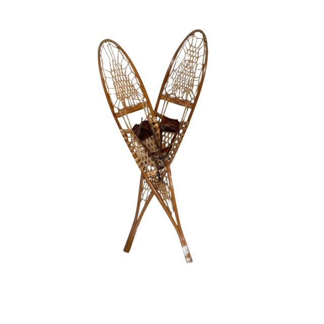 American Tall Leather Rawhide Snowshoes Tubbs Vermont Ash Wood Decorative Display-a Pair For Sale - Image 3 of 12