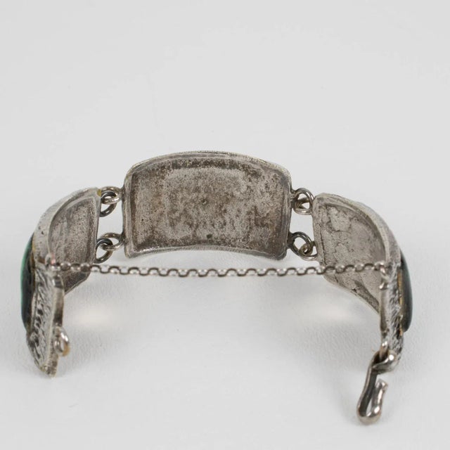 1950s French Designer Willy Silvered Bronze and Green Glass Link Bracelet For Sale - Image 5 of 8