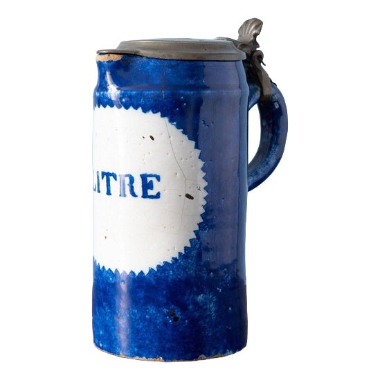 Spongeware Blue Pewter-Mounted Beer Stein from Brussels Faience, 1800s For Sale