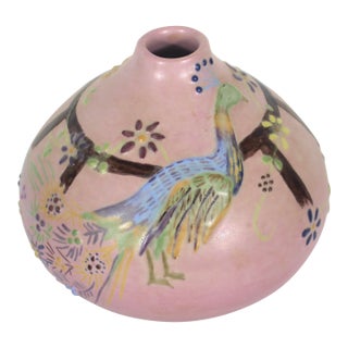 Vintage Studio Pottery Vase With Peacock and Raised Flower Details Pink Signed by Artist For Sale