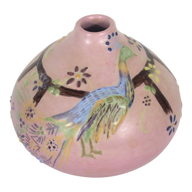 Vintage Studio Pottery Vase With Peacock and Raised Flower Details Pink Signed by Artist For Sale