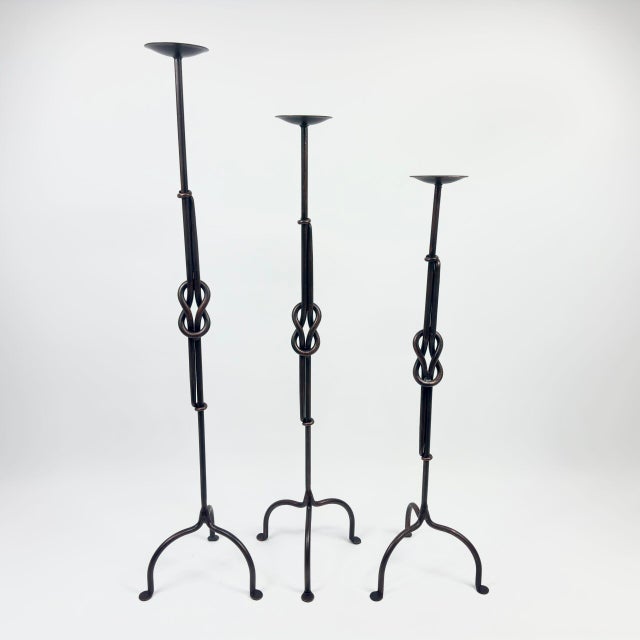 Hand Forged Iron Candelabra Set of 3 (88-108cm) Antique Copper Double Stem with Hercules Knot and Arched Base For Sale - Image 4 of 12