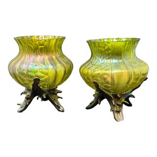 Early 20th Century Kralick Art Deco Glass Vases, Pair For Sale