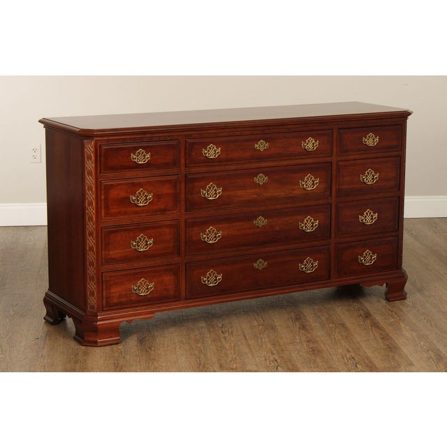 High Quality American Made Cherry Long Dresser with Carved Fretwork Columns and Dovetailed Drawers