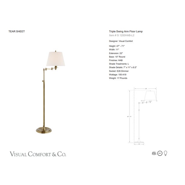 Visual Comfort Signature Triple Swing Arm Floor Lamp in Hand-Rubbed Antique Brass with Linen Shade Designer: Visual...