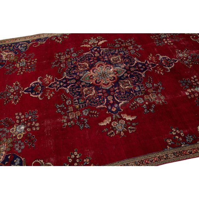Persian 1960s Vintage Persian Tabriz Handmade Medallion Red Wool Rug For Sale - Image 3 of 7