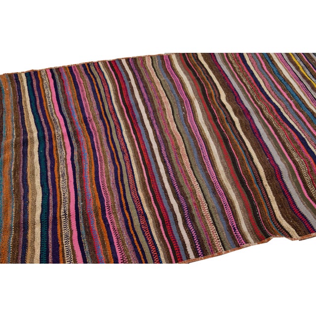 Red Vintage Kilim Handmade Flatweave Multicolor Striped Wool Runner For Sale - Image 8 of 10