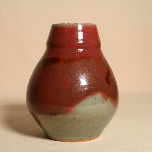 Wabi Sabi Handmade Studio Pottery Vase With Red & Earth Tone Reactive Glaze For Sale - Image 4 of 10
