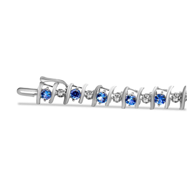 Contemporary .925 Sterling Silver, Lab-Grown Gemstone and 1/6 Cttw Round Diamond Tennis Bracelet - Created Aquamarine, March Birthstone For Sale - Image 3 of 5