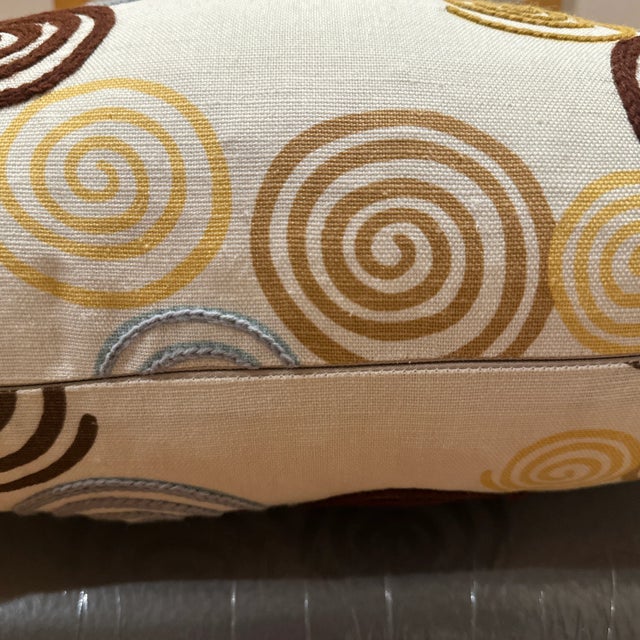 Handcrafted decorative pillow case, double sided cream linen with brown, blue and yellow swirls with invisible zipper....