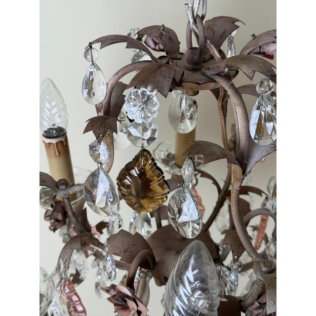 Hollywood Regency Crystal 6-Arm Chandelier with Hand-Painted Rose Details from Palwa, 1950s For Sale - Image 4 of 18