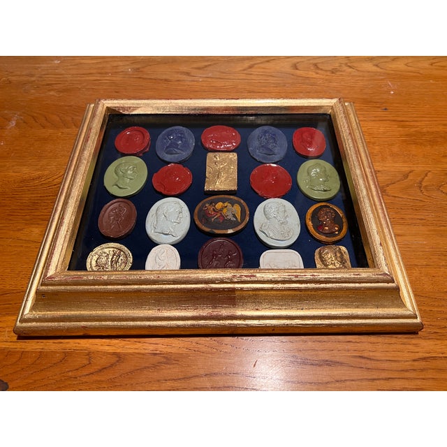 Wood Italian Giltwood Shadow Box With Multicolor Grand Tour Neoclassical Intaglios and Cameos For Sale - Image 7 of 13