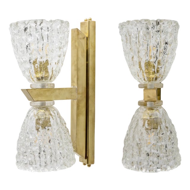Art Deco Style Murano Glass and Brass Sconces, 1990s, Set of 2 For Sale