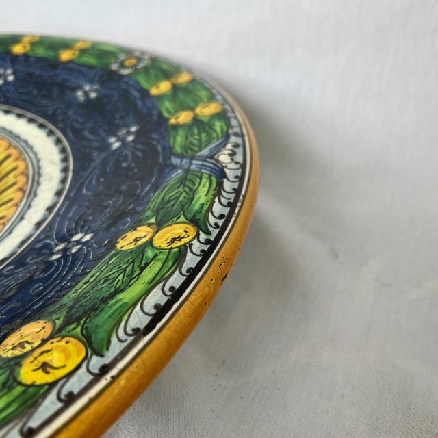Italian Hand Painted Blue and Green Ceramic Round Sun Center Wall Plate For Sale In Dallas - Image 6 of 11