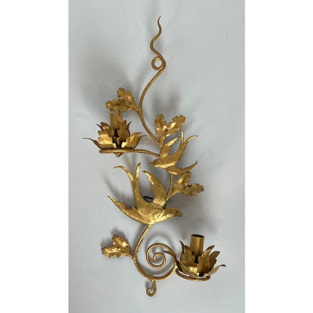 Mid-Century Modern 1970s French gilded metal bird wall sconces in the style of Maison Baguès - a Pair For Sale - Image 3 of 12