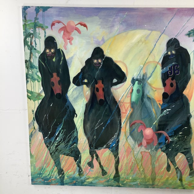 Painted in 2014, Back on the Horse is a 48 x 48 inch oil on canvas by New York artist Tim Hoyt. Three cloaked riders...