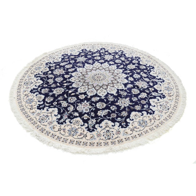 Navy Blue Fine Hand Knotted Persian Silk & Wool Nain Round Rug For Sale - Image 4 of 5