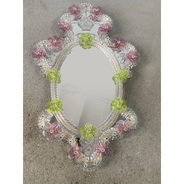 2000s Venetian Oval Green and Pink Floreal Hand-Carving Mirror in Murano Glass Style For Sale - Image 10 of 10