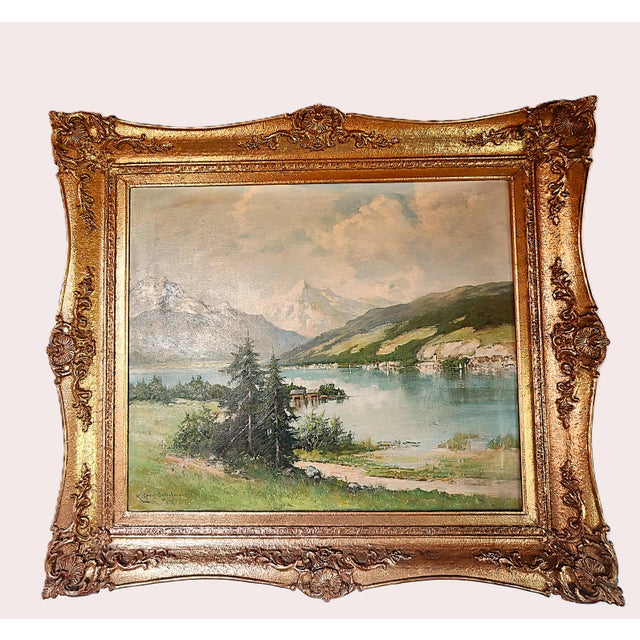 Karl Gross Sattelmair, Lake in the Alps, 1890s, Oil Painting For Sale - Image 3 of 4