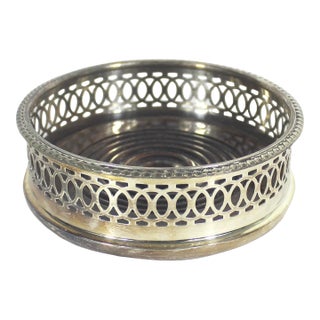 Vintage Silver Plated Wine Coaster With Wood Base and Pierced Sides, Bottle Holder, Shelf Decor, Entertaining Style, Patina For Sale