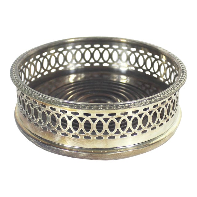 Vintage Silver Plated Wine Coaster With Wood Base and Pierced Sides, Bottle Holder, Shelf Decor, Entertaining Style, Patina For Sale