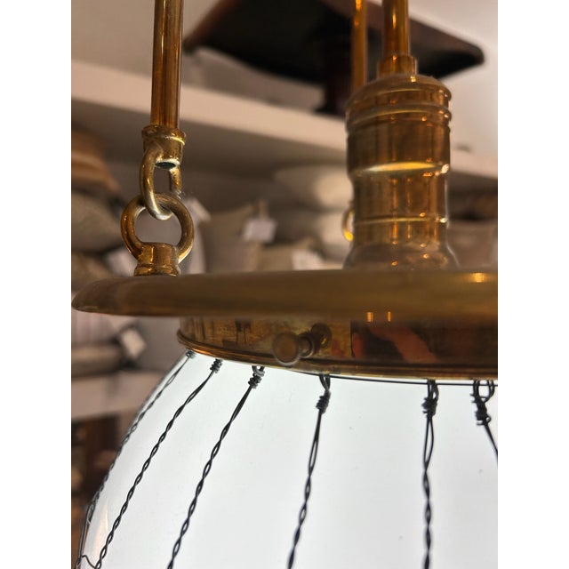 Late 20th Century Unlacquered Brass Hood Classic Pendant With 12-Inch Opal Globe With Wire Mesh For Sale - Image 9 of 12