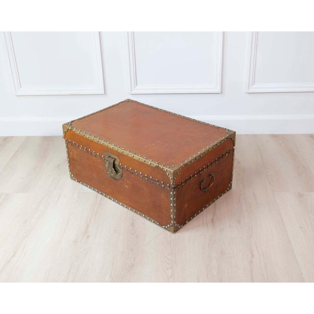 French 19th Century Leather-Lined Trunk with Brass Studs For Sale - Image 4 of 9