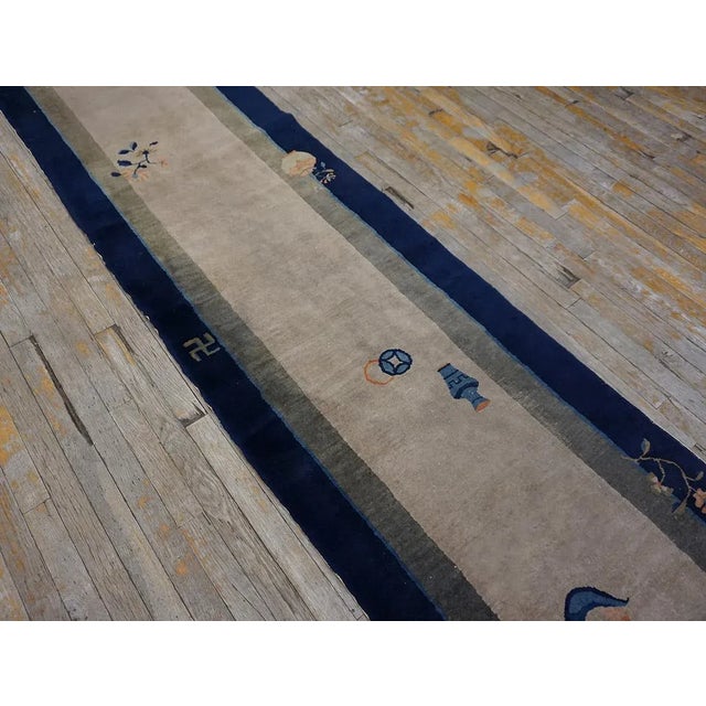Contemporary 1920s Beige Minimalist Symbols Antique Chinese Peking Carpet 2'6"x 11'6" Knotted Wool Rug Runner For Sale - Image 3 of 12