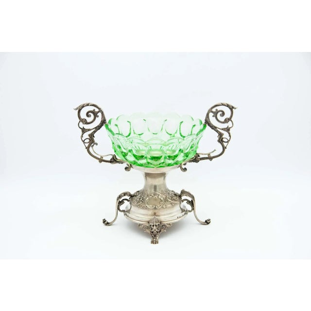 Blown Green Glass and Silver Fruit Bowl Centerpiece with Cut-Out Handles For Sale - Image 6 of 6