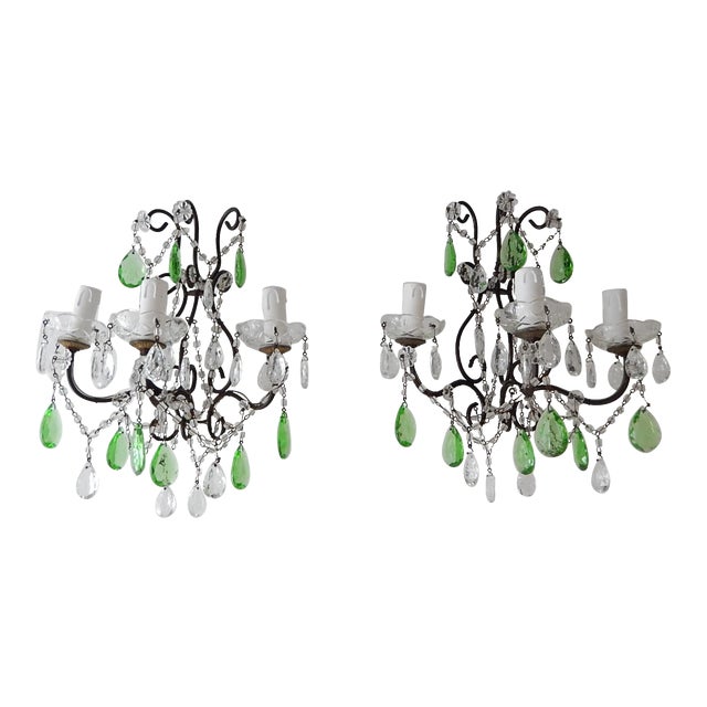 1920s Italian Rococo Green Crystal Prisms 3 Light Sconces - a Pair For Sale