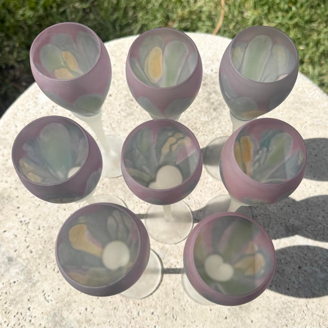 Late 20th Century Art Nouveau Hand Painted Watercolor Frosted Wine Glasses by Reuven - Set of 8 For Sale - Image 10 of 10