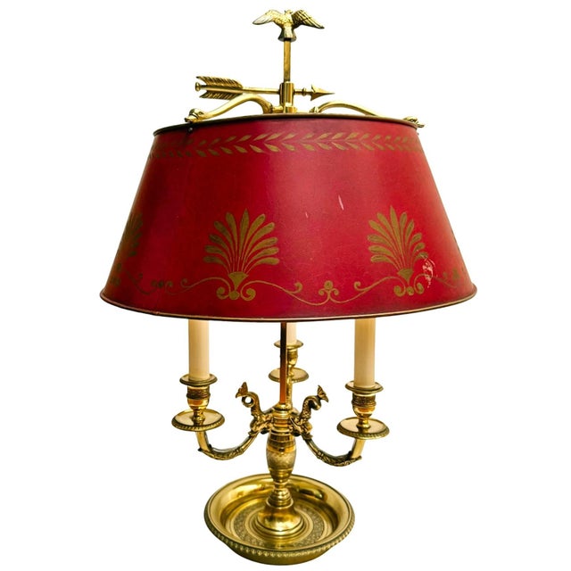 Metal Mid 20th Century French Empire Style Three-Light Brass Bouillotte Lamp With Crimson Red Tole Shade For Sale - Image 7 of 8