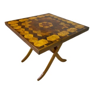 1970s Adjustable-Height Folding Marquetry Table, Don Shoemaker Style For Sale