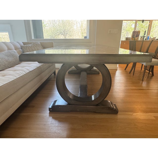 Transitional Chaddock Trestle Dining Table With Leaves For Sale - Image 3 of 11