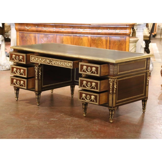 Bronze 19th Century French Louis XVI Mahogany, Bronze & Leather-Top Partner Desk For Sale - Image 8 of 15