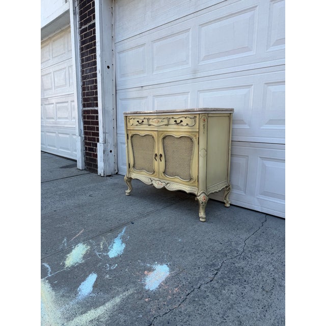 Vintage French Provincial Hand Painted Cane Door Cabinet With Marble Top For Sale - Image 4 of 11