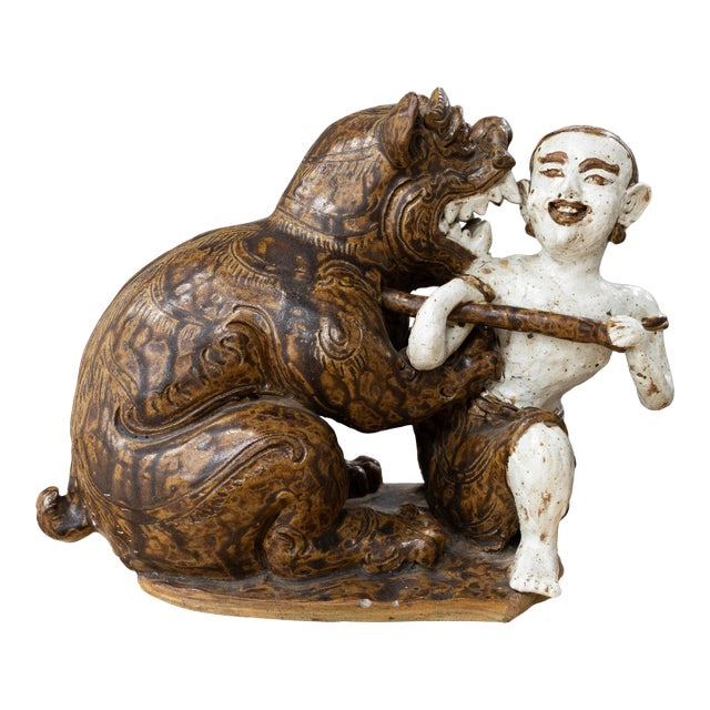 Antique Asian Ceramic - Male Figure With Dragon, C. 20th Century Collectables For Sale