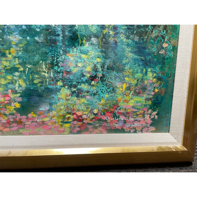 Original oil on canvas depicting a vibrant, luminous garden pond scene surrounded by flowering trees and colorful blooms...