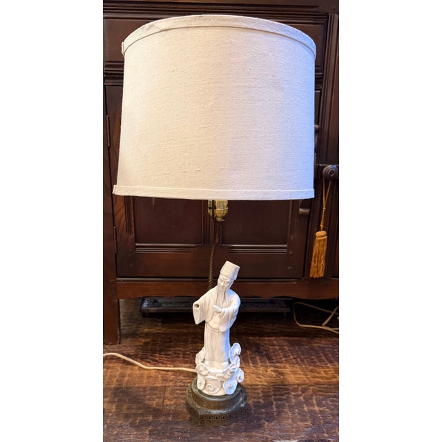 Vintage Chinese Blanc De Chine-Style Porcelain Scholar Figural Table Lamp For Sale - Image 9 of 11