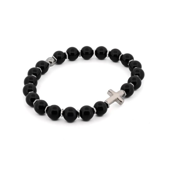 Contemporary Sterling Silver Cross Black Onyx Beaded Bracelet For Sale - Image 3 of 7