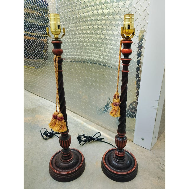 Brown Pair of 1990s Maitland-Smith Style Barley Twist Lamps With Tassels and Map Themed Shades For Sale - Image 8 of 8