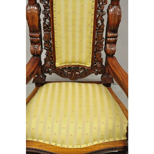 Late 20th Century Late 20th Century Renaissance Gothic Style Large Figural Lion Carved Wood Paw Feet Throne Chair For Sale - Image 5 of 12