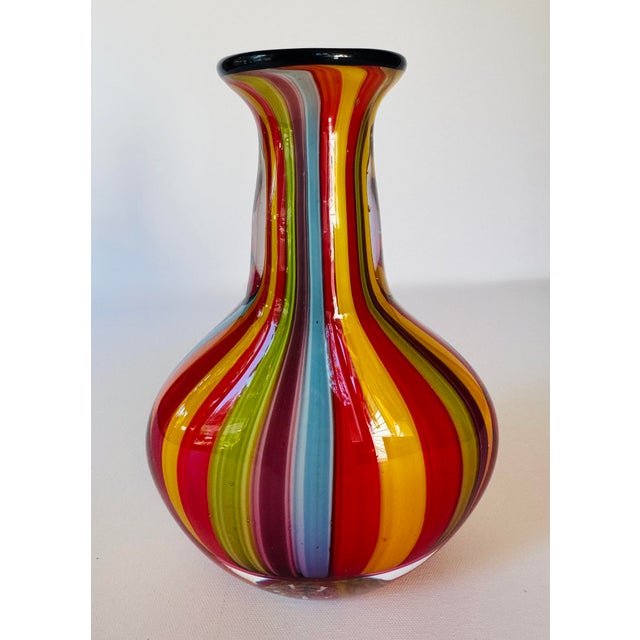 Late 20th Century Late 20th Century Badash Hand Blown Art Glass Rainbow Stripe Vase Black Rim 9" Colorful For Sale - Image 5 of 10