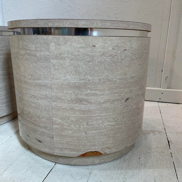 Off-white 1980s Travertine Laminate Drum Side Tables With Chrome Trim - a Pair For Sale - Image 8 of 13
