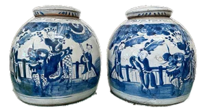 Contemporary Chinoiserie Indigo & Bone Porcelain Ginger Jars With Children - A Pair