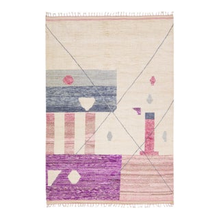 7 X 10 Modern Moroccan Tribal Handmade Wool Rug in Beige and Purple For Sale